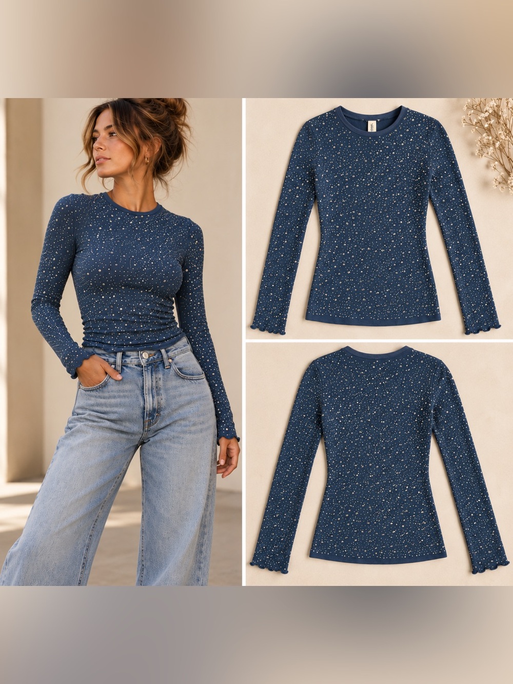 Free People Night Sky Long Sleeve Rhinestone Top Vintage Indigo XS/S NWT